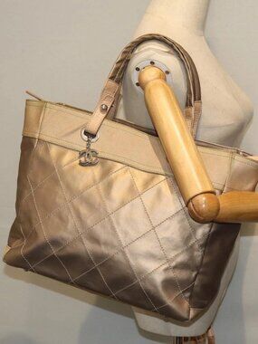 CHANEL Wild Stitch Tote Bag Leather Beige CC